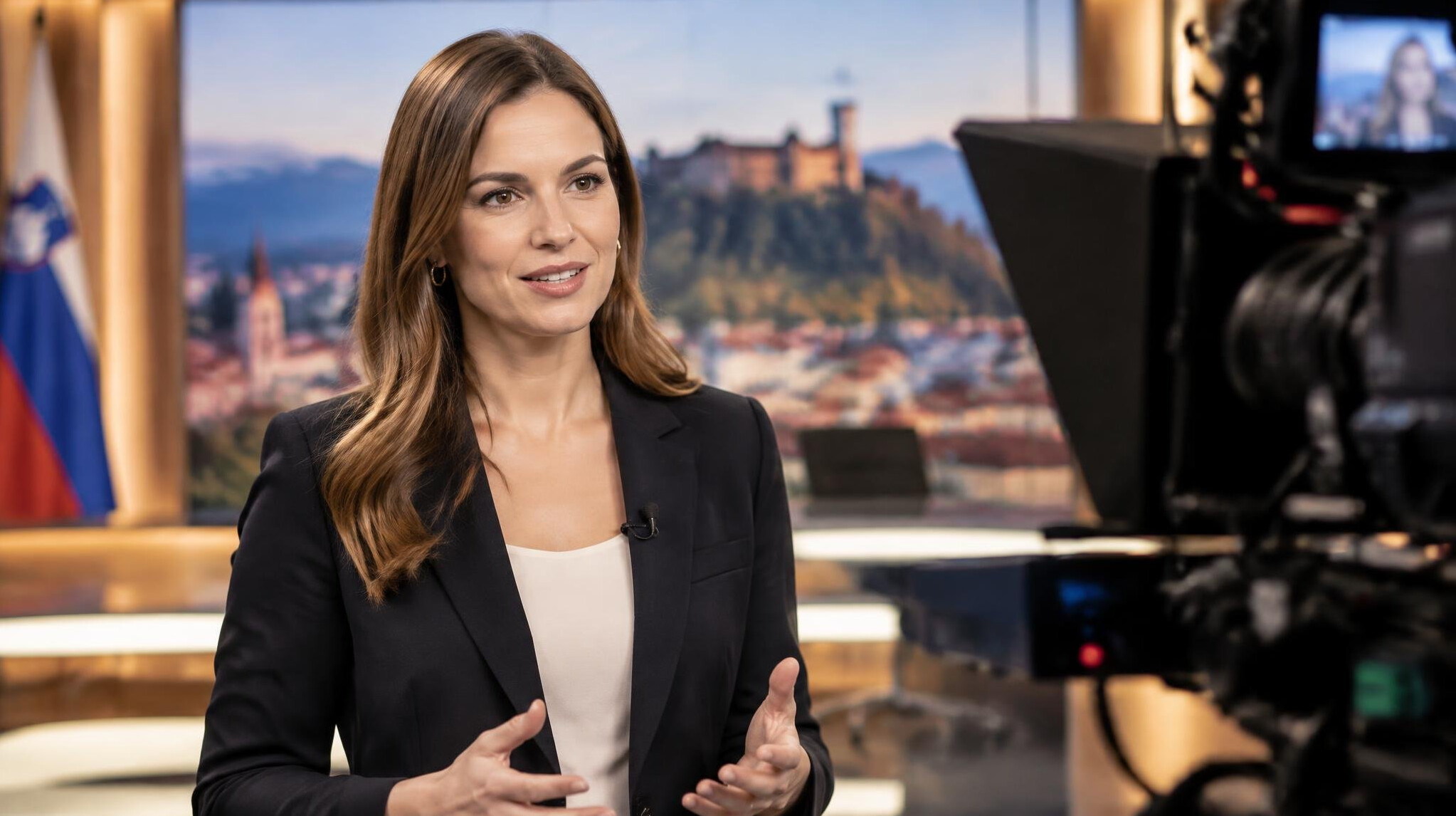 Television presenter speaking in front of a studio camera